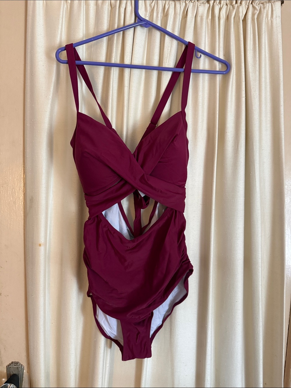 Twist-Front Dark Magenta One-Piece Swimsuit with Cutout